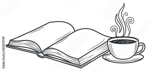 An open book with a steaming cup of coffee in black and white minimalist vector style, perfect for reading and relaxation themes