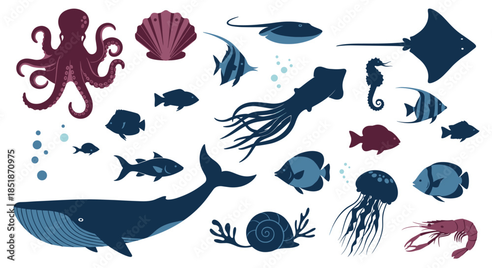 Obraz premium Extensive collection of diverse marine animals and sea creatures including octopus rays fish squid seahorse whale and jellyfish.