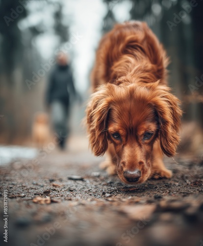 a red spaniel dog sniffing the ground during a winter walk