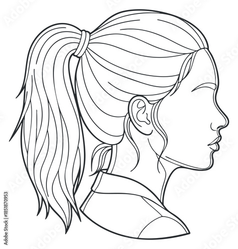 A profile illustration of a woman with long hair in clean lineart vector style, suitable for beauty and fashion projects