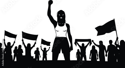 Silhouette vector of a defiant woman raised fist in foreground leading a crowd with protest flags banners low angle composition strong contrast high energy civic activism