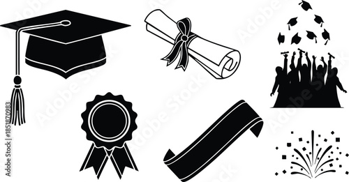 Flat design black graduation icon set showing mortarboard diploma ribbon sash confetti and throwing caps in celebration isolated vector art for education and ceremony formal festive