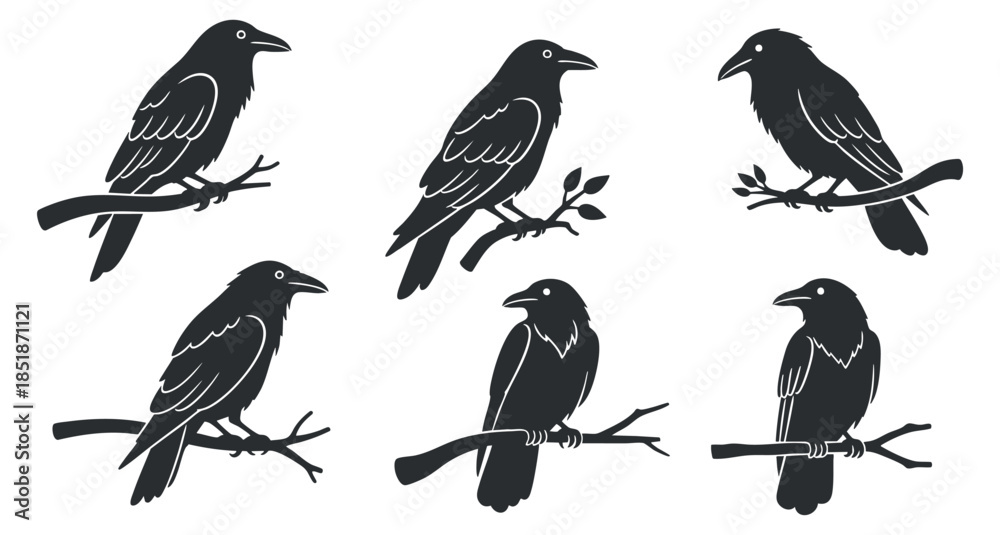 Obraz premium A collection of six crow silhouettes perched on branches in a minimalist black vector style, ideal for nature-themed designs