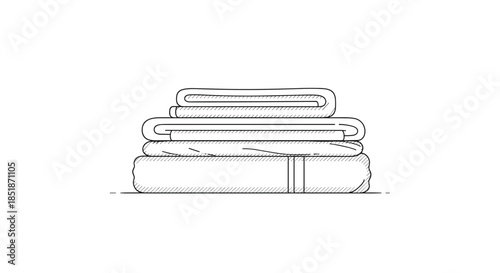 Neatly stacked pile of folded towels or blankets presented in a clean and simple black and white line art style.