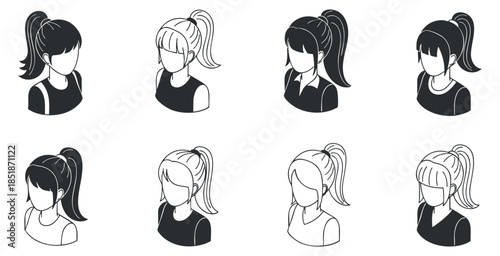 A set of eight female head icons with ponytails in black and white minimalist vector style, ideal for beauty and fashion projects
