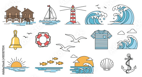Comprehensive collection of nautical and sea-themed elements including stilt houses sailboat lighthouse waves and an anchor.