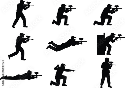 Paintball player silhouettes set in action poses aiming markers isolated on white background for extreme sport combat illustration