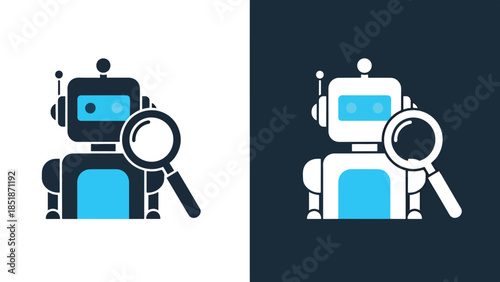 Robot with magnifying glass - Blue icon set - Solid icons vector collection - Vector icon set - Line and glyph solid icon set - Icon vector - Flat Design Icon