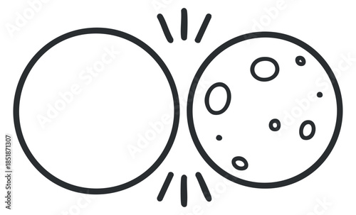 A simple outline illustration of the sun and moon with rays in black and white minimalist vector style, ideal for educational materials or astronomy-themed designs
