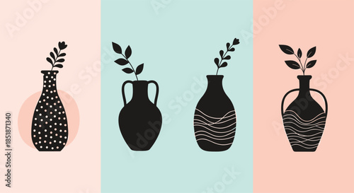Set of four elegant black vase silhouettes with plant stems on a tastefully divided pink and blue background.