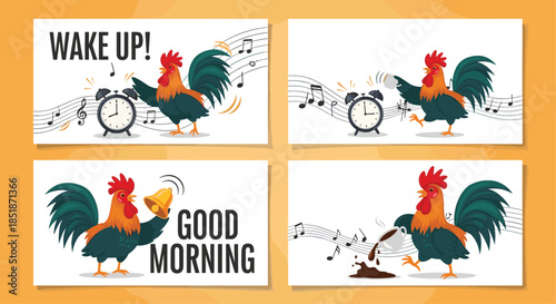 Humorous set of four cartoon rooster illustrations with wake up and good morning themes including coffee and musical notes.