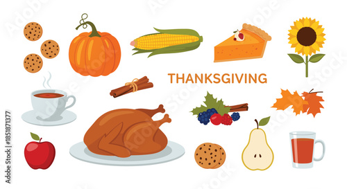 Festive collection of Thanksgiving themed food and items including roasted turkey pumpkin pie corn sunflower and autumn leaves.
