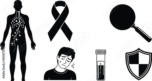 Flat design close up human silhouette with lymph nodes diagnostic icons ribbon magnifier tired patient sample tube and shield protective emblem in simple black style vector