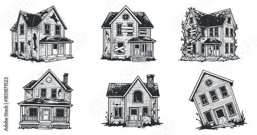 A collection of six vintage-style houses in black and white vector illustrations, ideal for architectural design projects