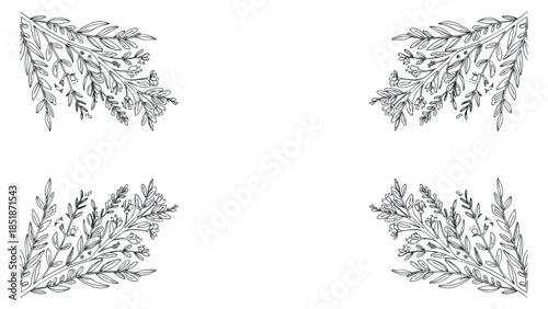 A collection of hand-drawn floral and leafy corner arrangements in black and white vector style, ideal for invitations and decorative designs