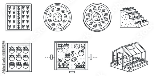 A collection of gardening and food-related icons in outline vector style, suitable for agricultural and culinary projects