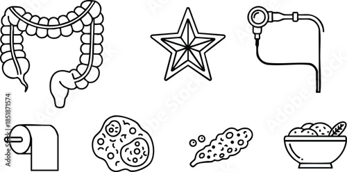 Line art icon set grid of eight medical and food symbols including intestine star stethoscope toilet paper cookie bacteria bowl of salad minimal monochrome flat icons