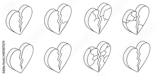 A collection of broken heart illustrations in outline vector style, suitable for emotional and relationship-themed designs