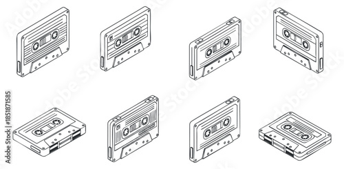 A collection of eight vintage cassette tapes in black and white outline vector style, ideal for retro music designs