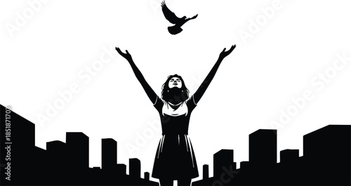Silhouette vector woman with raised arms releasing a bird above urban skyline low angle close up strong contrast dramatic black and white minimal composition hopeful joyous