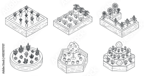 A set of six garden bed illustrations featuring various plants and herbs in black and white outline style, suitable for gardening projects and educational materials