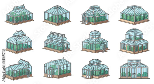 Collection of various glass greenhouse designs and structures for gardening and plant cultivation illustrating architectural diversity and botanical interest.