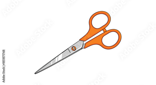 Simple illustration of a pair of orange-handled scissors with shiny metal blades isolated on a white background for various cutting tasks.