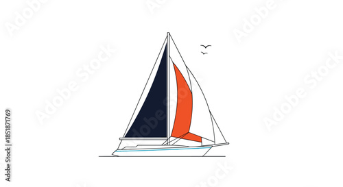 Minimalist line art illustration of a sailboat with dark and orange sails floating on water under a clear sky with two flying seagulls.