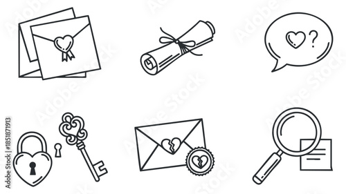 A collection of romantic icons including a heart letter, key, lock, scroll, and magnifying glass in outline vector style, perfect for love-themed projects