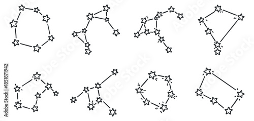 A collection of eight star constellation illustrations in black and white geometric vector style, ideal for educational materials and creative projects