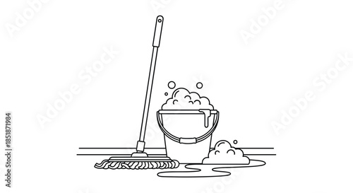 Simple black and white line art illustration of a mop and bucket overflowing with soap suds symbolizing household cleaning tasks and hygiene.