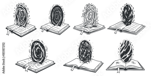 A collection of illustrated books with magical portals emerging from them in black and white vector style, perfect for fantasy-themed projects
