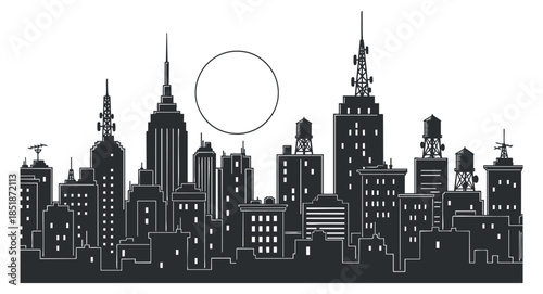 A silhouette of a city skyline with various buildings and a sun in minimalist vector style, suitable for urban-themed projects