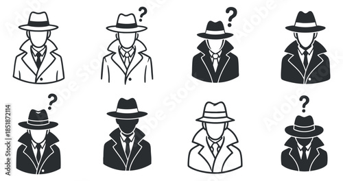 A collection of detective silhouettes wearing hats and trench coats in black and white vector style, ideal for mystery-themed projects