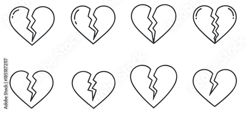 A set of broken heart icons in minimalist outline vector style, perfect for expressing emotions in design projects