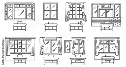 A set of various window designs with curtains and tables in minimalist black and white outline vector style, perfect for interior design projects