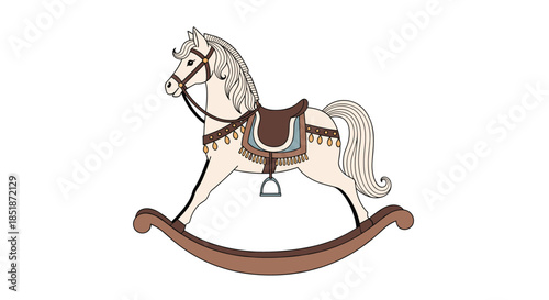 Charming illustration of a classic rocking horse toy with a saddle and bridle in a vintage style perfect for children's play and nursery decor.