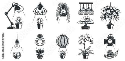 A collection of various potted plants, lamps, and hanging decorations in minimalist black and white vector style, suitable for interior design projects