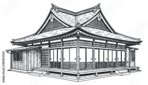 A traditional Japanese temple building in detailed outline vector style, suitable for cultural design projects and architectural illustrations