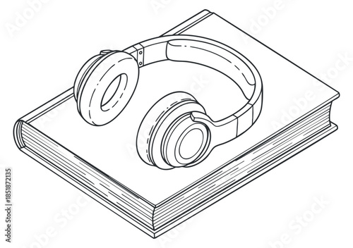 A pair of headphones resting on an open book in minimalist black and white outline vector style, perfect for educational and entertainment concepts