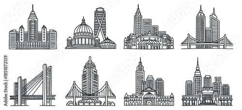 A collection of famous city landmarks in black and white outline vector style, ideal for travel and urban design projects