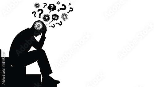 Silhouette of a person sitting in distress overwhelmed by confusion and many question marks