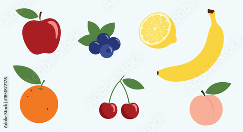 Colorful assortment of fresh healthy fruits including apple blueberries lemon banana orange cherries and peach for nutrition and healthy eating.