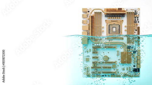 3D Render of Server Blade Half Submerged in Dielectric Cooling Liquid for Data Center Concept
