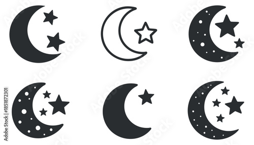 A collection of six moon and star icons in minimalist black vector style, suitable for celestial-themed designs and illustrations