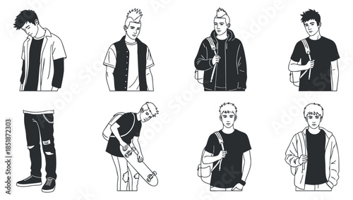 A collection of male characters in various casual outfits and hairstyles in minimalist black and white vector style, ideal for fashion and lifestyle branding