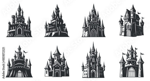 A collection of eight fantasy castle illustrations in detailed black and white vector style, perfect for storytelling and design projects