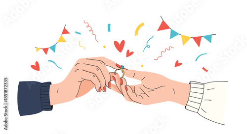 Tender illustration of two hands exchanging an engagement ring surrounded by festive confetti hearts and garlands symbolizing love and commitment.