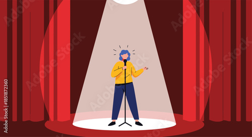 Dynamic illustration of a female stand-up comedian performing on stage under a bright spotlight with a microphone against a red curtain background.