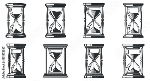 A set of vintage hourglass illustrations in black and white outline vector style, ideal for time-themed designs and graphics
